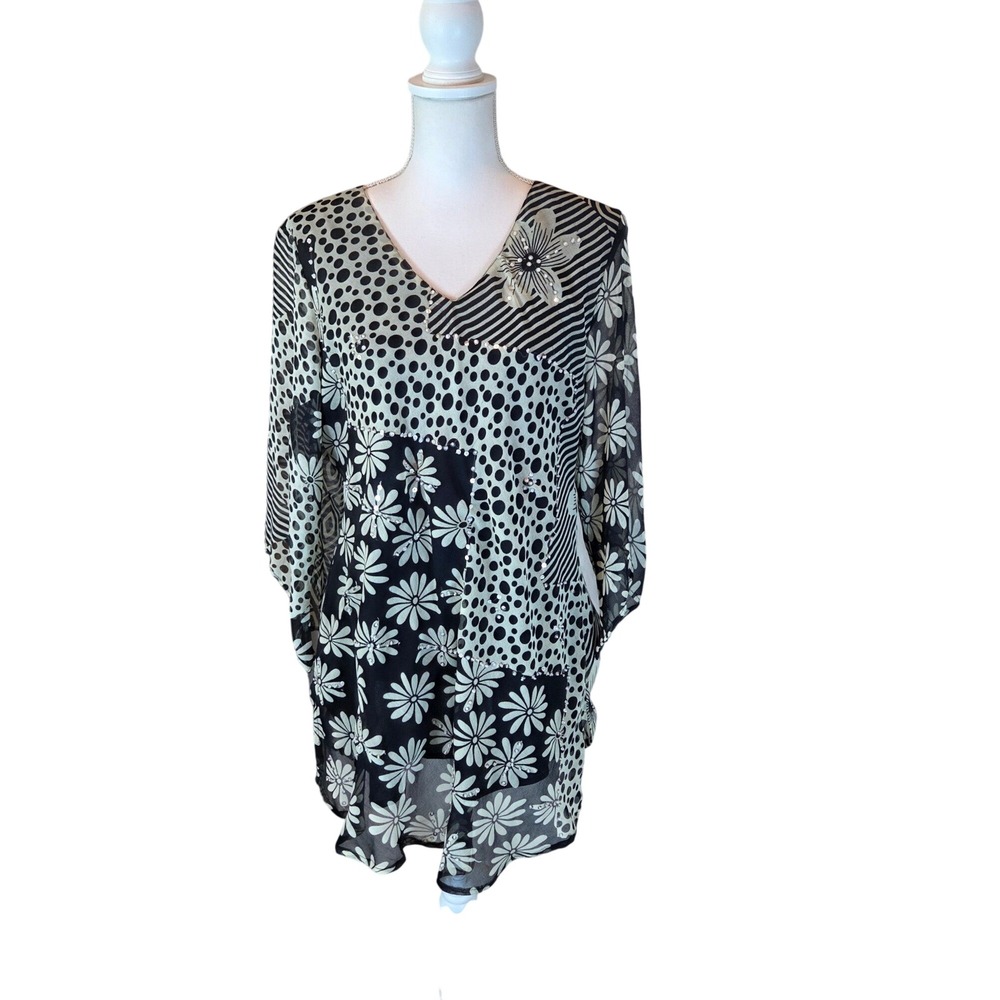 Signature JMD Mixed Print Tunic Top Sheer Sequin Patchwork Black White 1X Boho